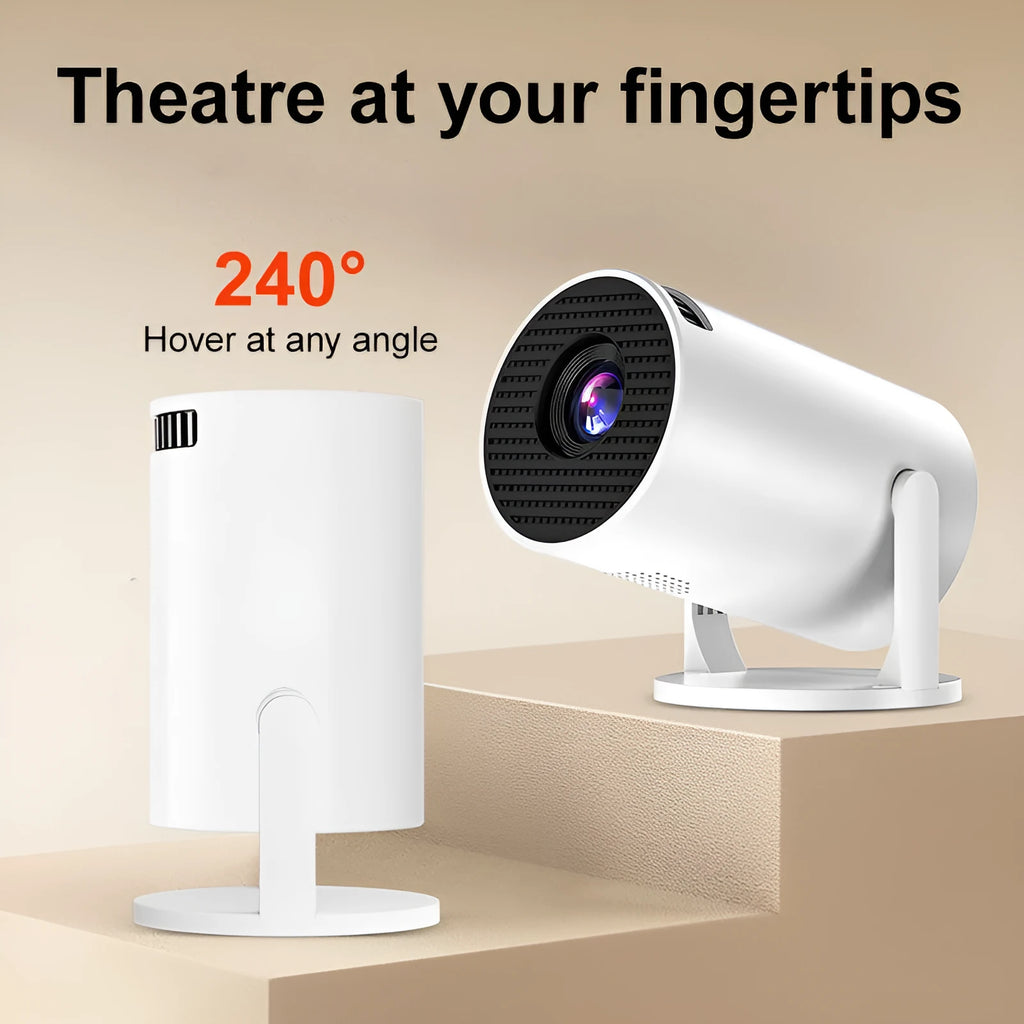 White mini wireless portable HD projector showing 1080p resolution for home cinema use.