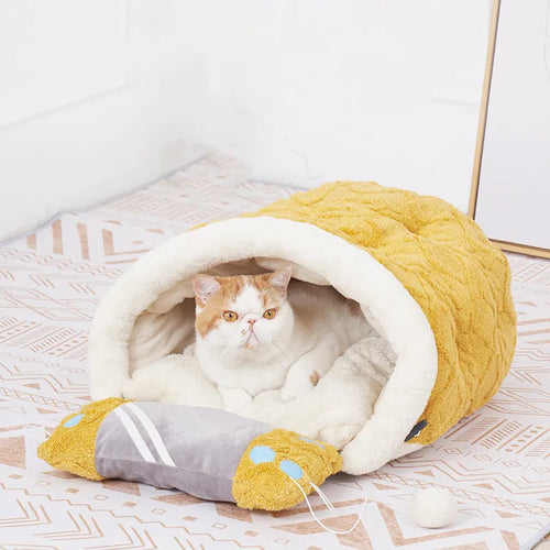 Arctic velvet semi-enclosed cat nest with sleeping pad for indoor cats