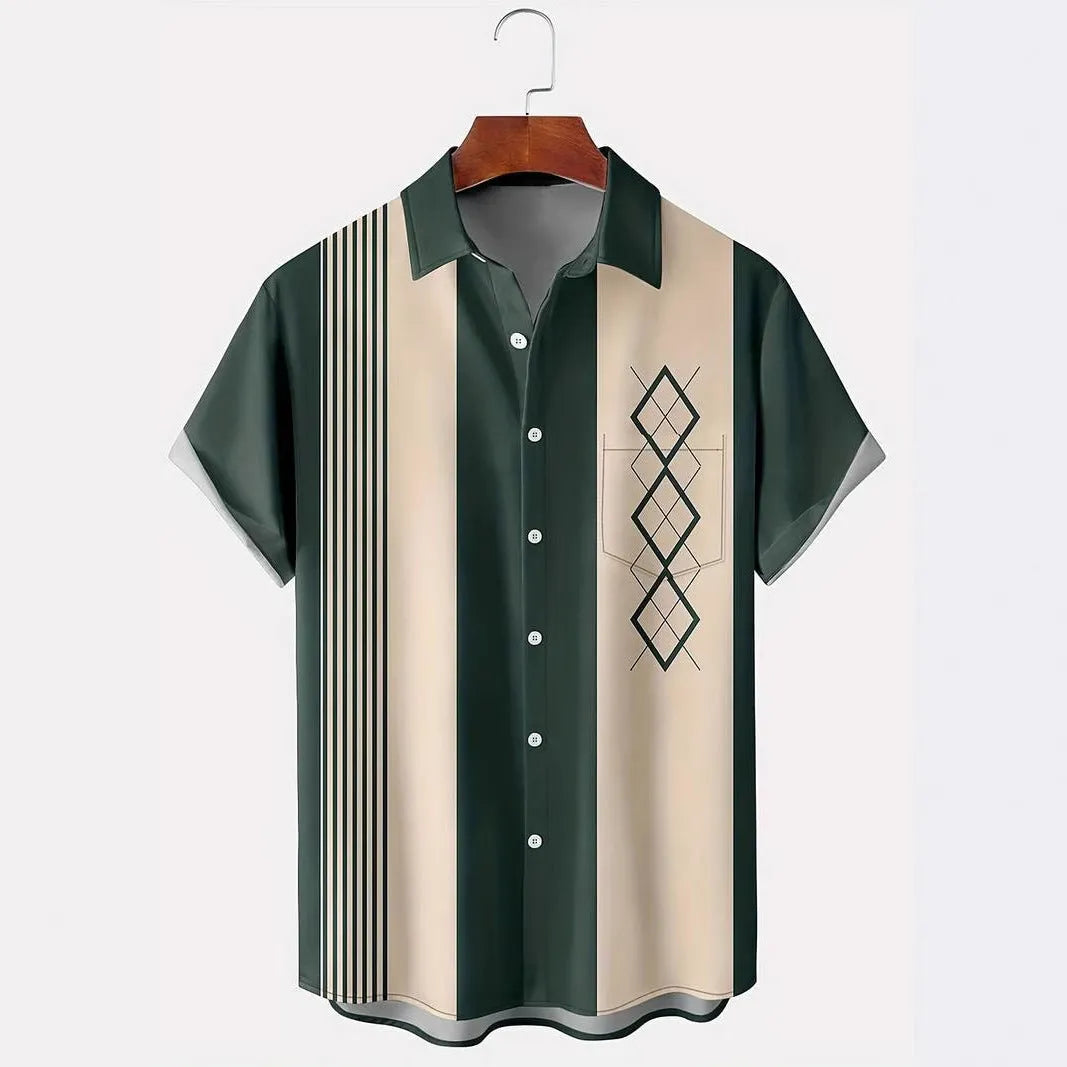 Men's loose fit plaid cardigan shirt with lapel collar and short sleeves in polyester elastic fabric