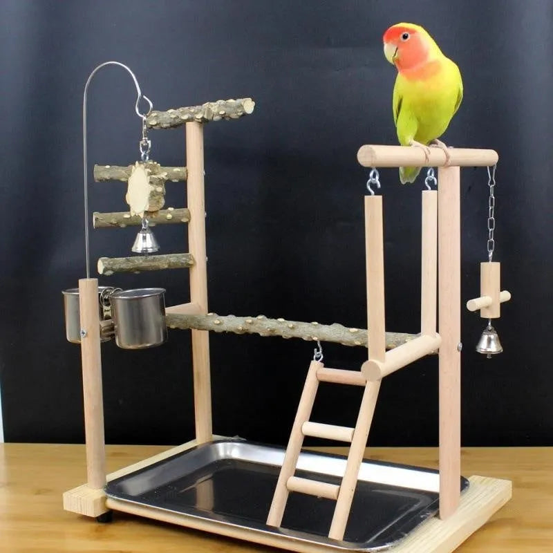 Large wooden parrot activity stand made from pepper wood with multiple vertical climbing poles.
