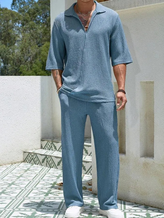 Men's cotton short-sleeved top and loose straight trousers casual suit in khaki for summer commuter wear