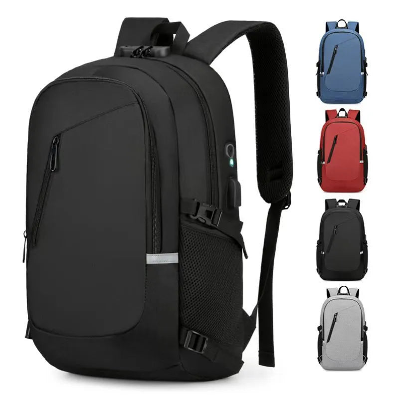 Grey Oxford cloth computer backpack with front pocket and adjustable straps, shown with laptop compartment open.