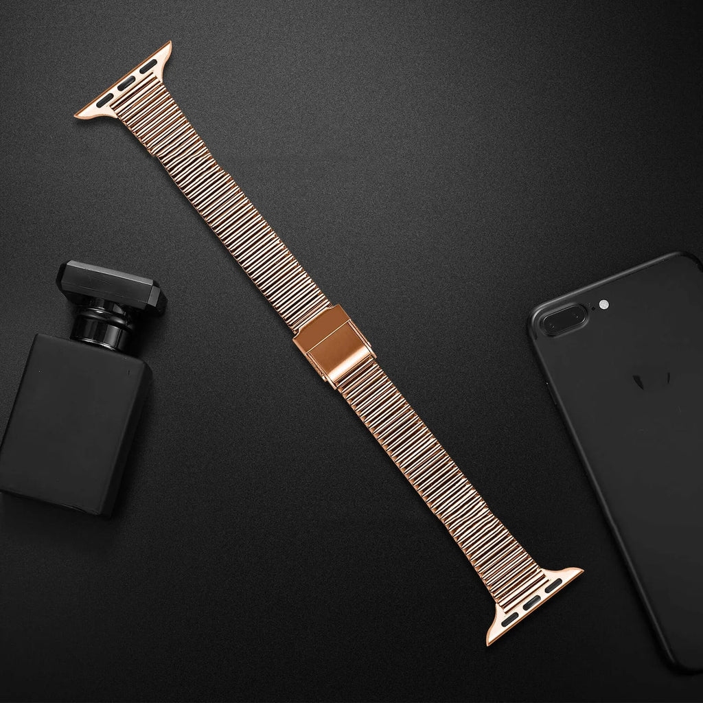 Stainless steel Apple Watch strap with double insurance buckle and one bead, available in four colours and two sizes.