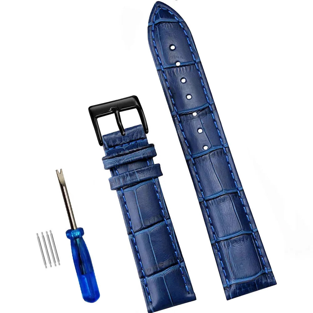 Blue genuine leather watch strap with bamboo cowhide finish and silver stainless steel pin buckle on a neutral background