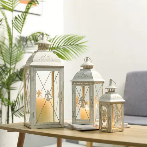 European style wrought iron floor-standing storm lantern with tempered glass panels in black or white finish