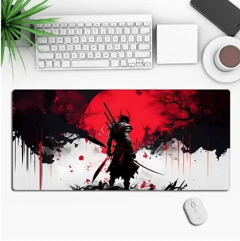 Custom anime graphic gaming mouse pad with non-slip rubber base on a wooden desk.