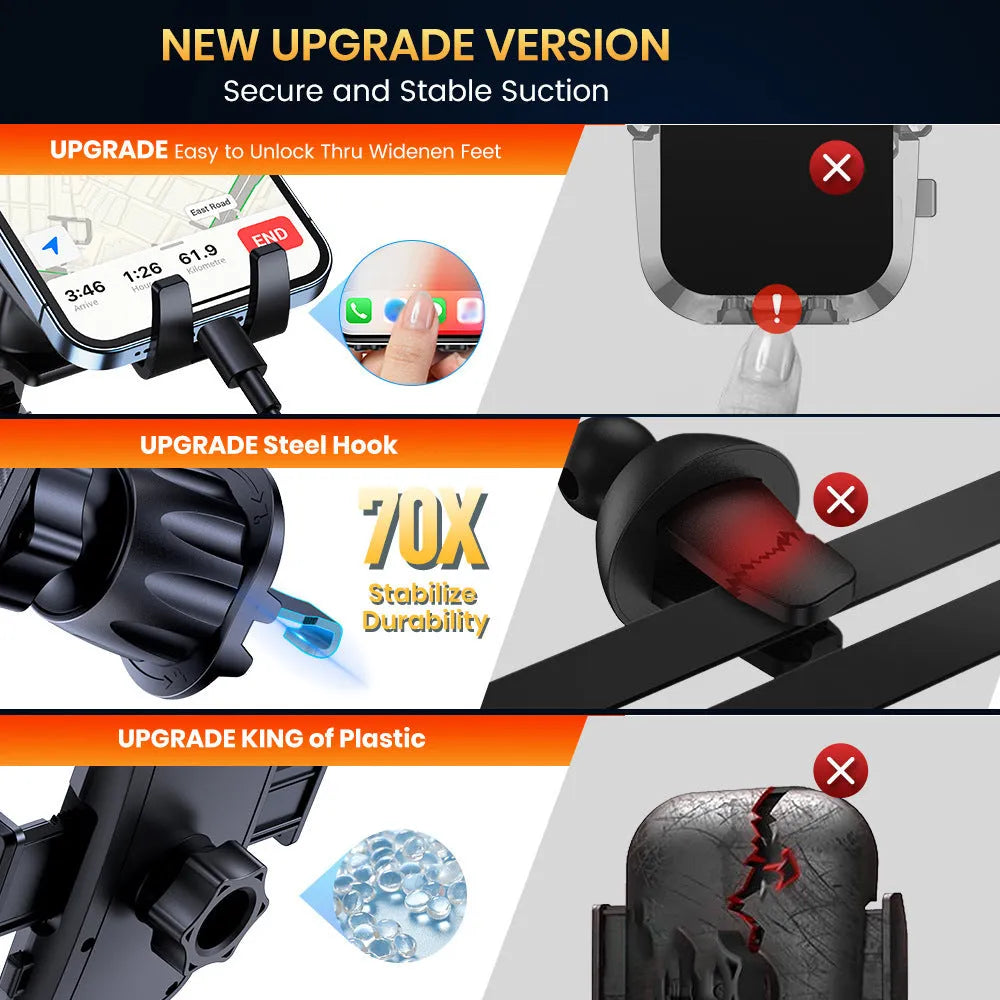 Universal in-car phone holder with suction cup and buckle mount for windscreen, air vent, or dashboard