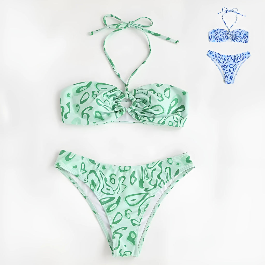 Women's floral print bandeau bikini swimsuit with split style design in blue colour