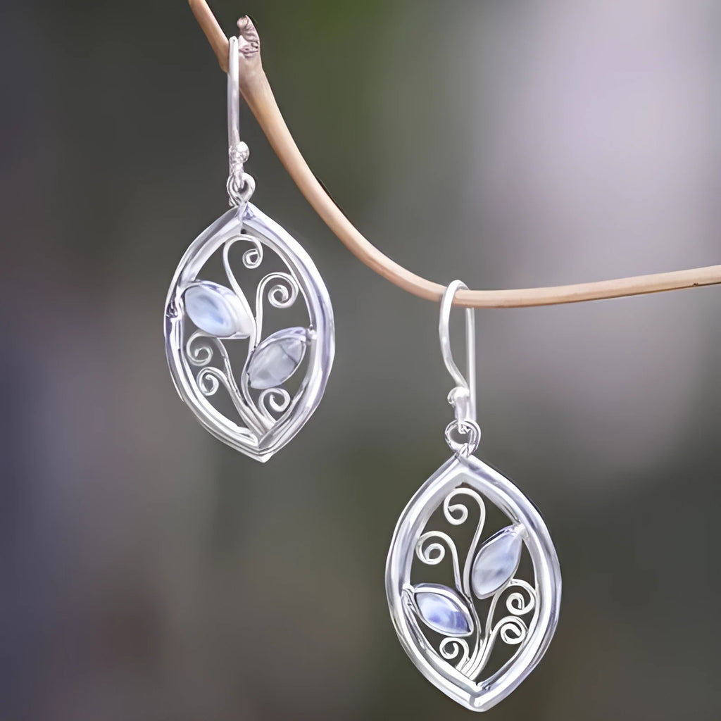 Silver leaves design earrings with embedded colourful moonstone gemstone for women