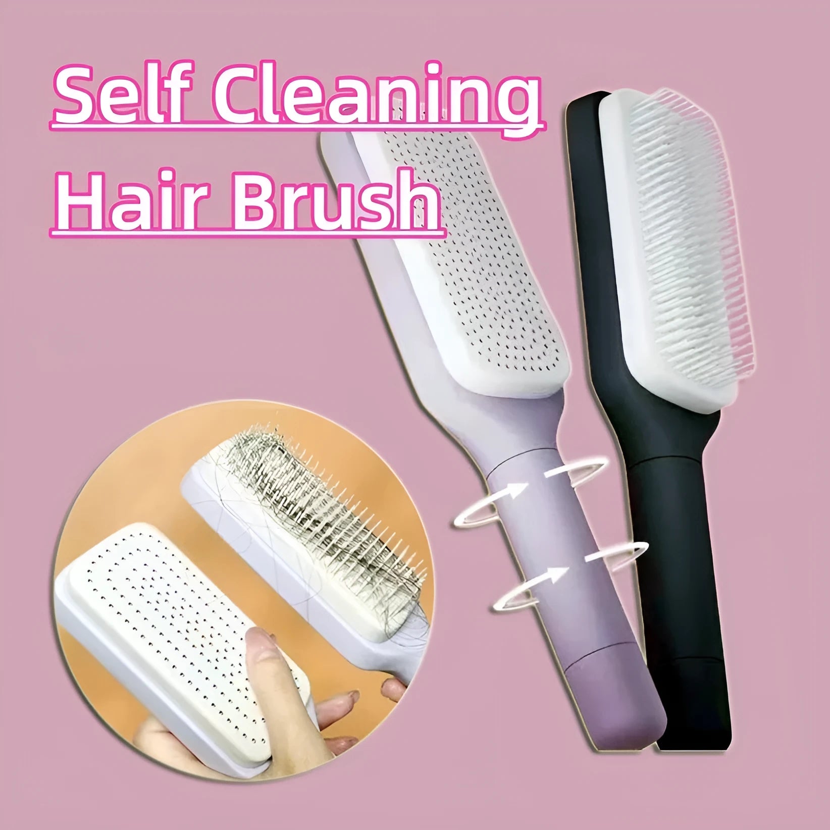 Purple self-cleaning hair brush with rotating handle and massage comb bristles