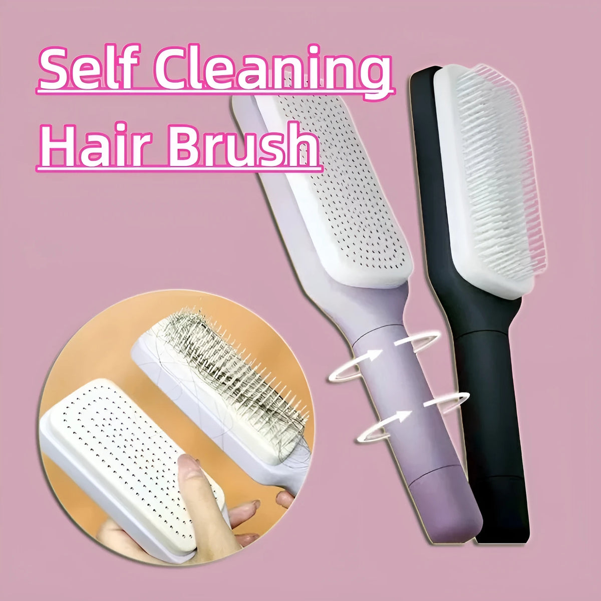 4-in-1 self-cleaning anti-static massage hair brush in Roland purple or Moon rock ash, 24.6 x 6 x 2.5 cm