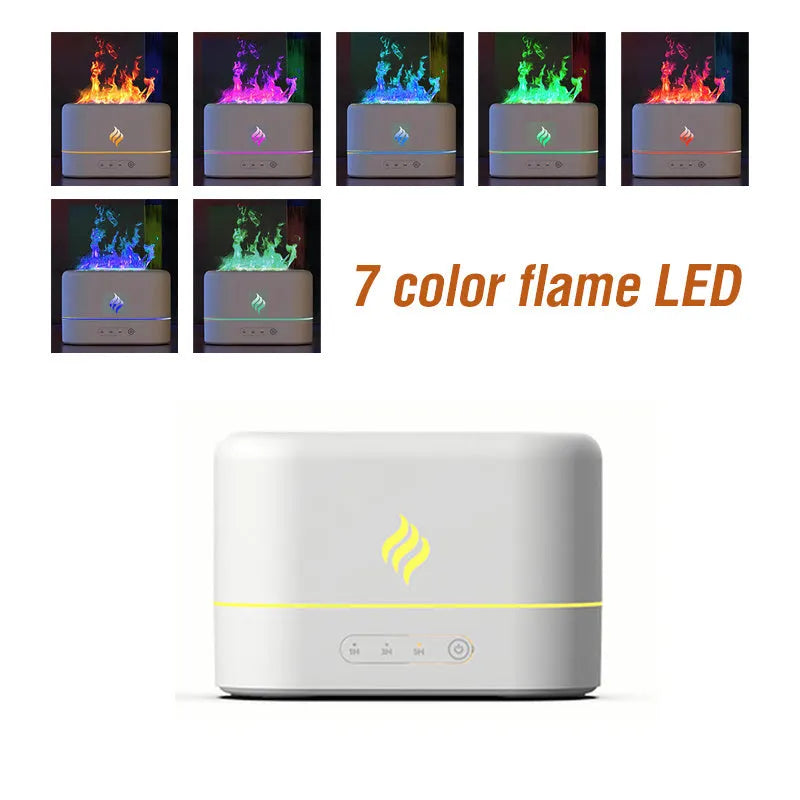 Black or white plastic aromatherapy humidifier with seven-colour flame lighting effect and USB power connection