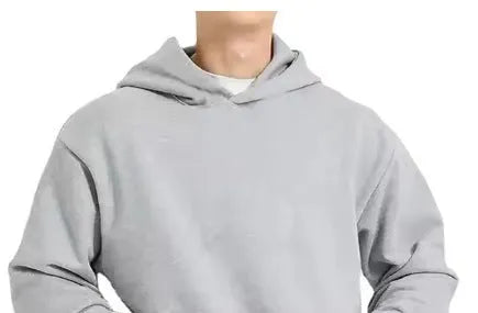 Men's grey fleece-lined cotton pullover sweatshirt hoodie with threaded long sleeves