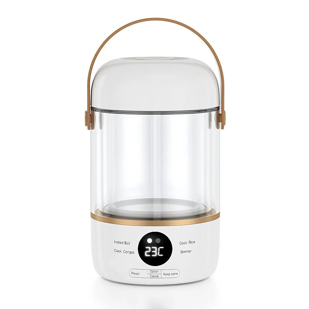 Personal smart electric stew cooker with a transparent Gaopeng glass pot on a fibreglass body.