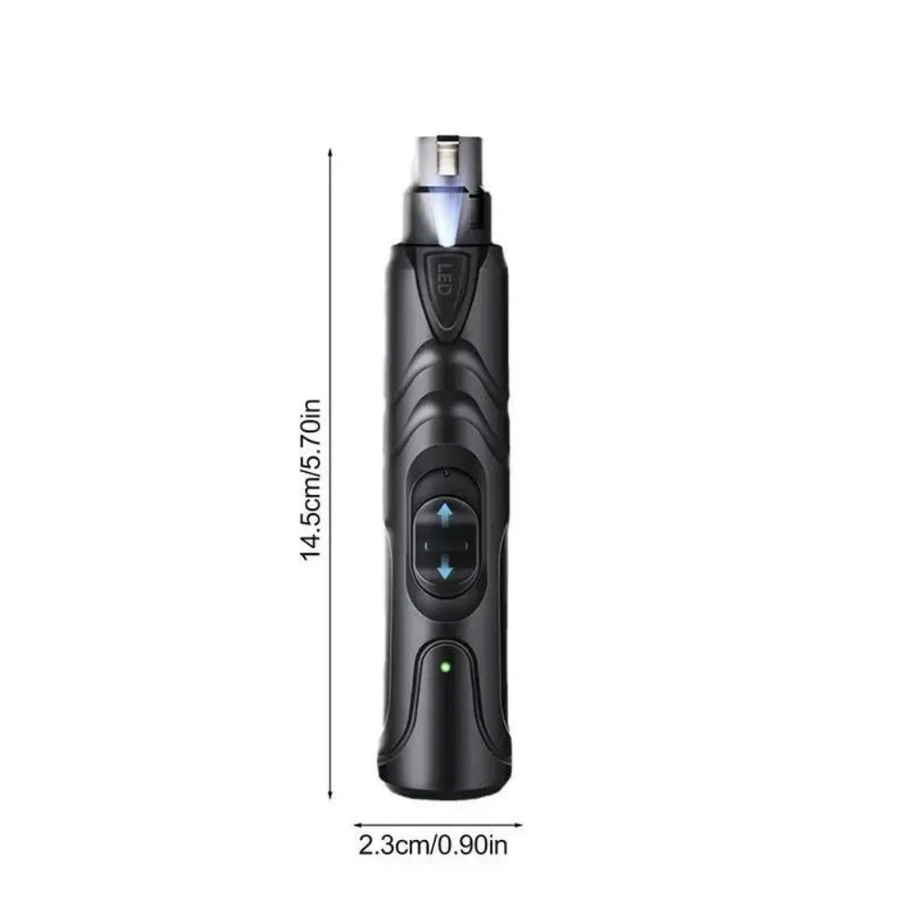 Black ABS lighted dog nail grinder with LED light and two speed settings for pet paw grooming