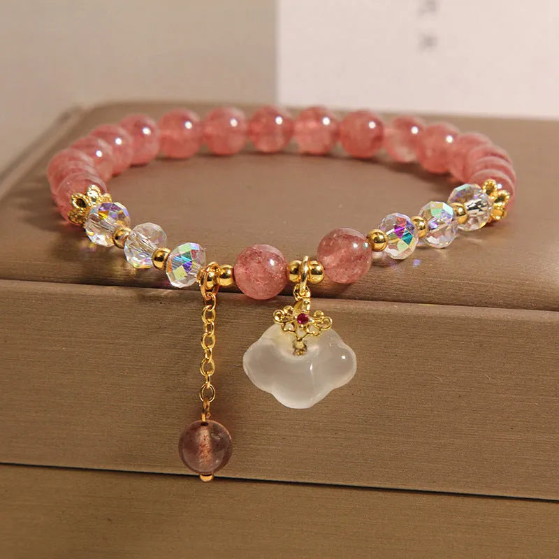 Women's natural bracelet with strawberry quartz, white agate beads, and auspicious cloud charms