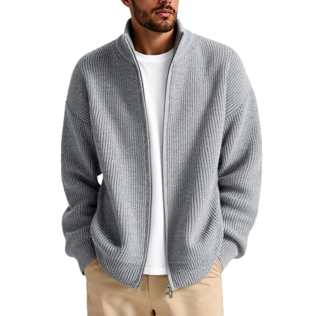 Men's loose-fit cardigan sweater in a chemical fibre blend, shown in a neutral colour.
