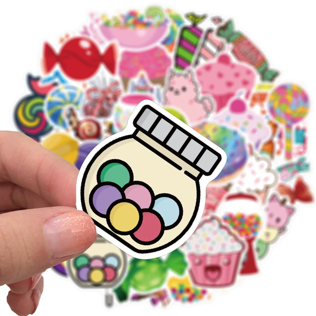 Colourful candy graffiti stickers pack showing cartoon designs and sweet-themed patterns