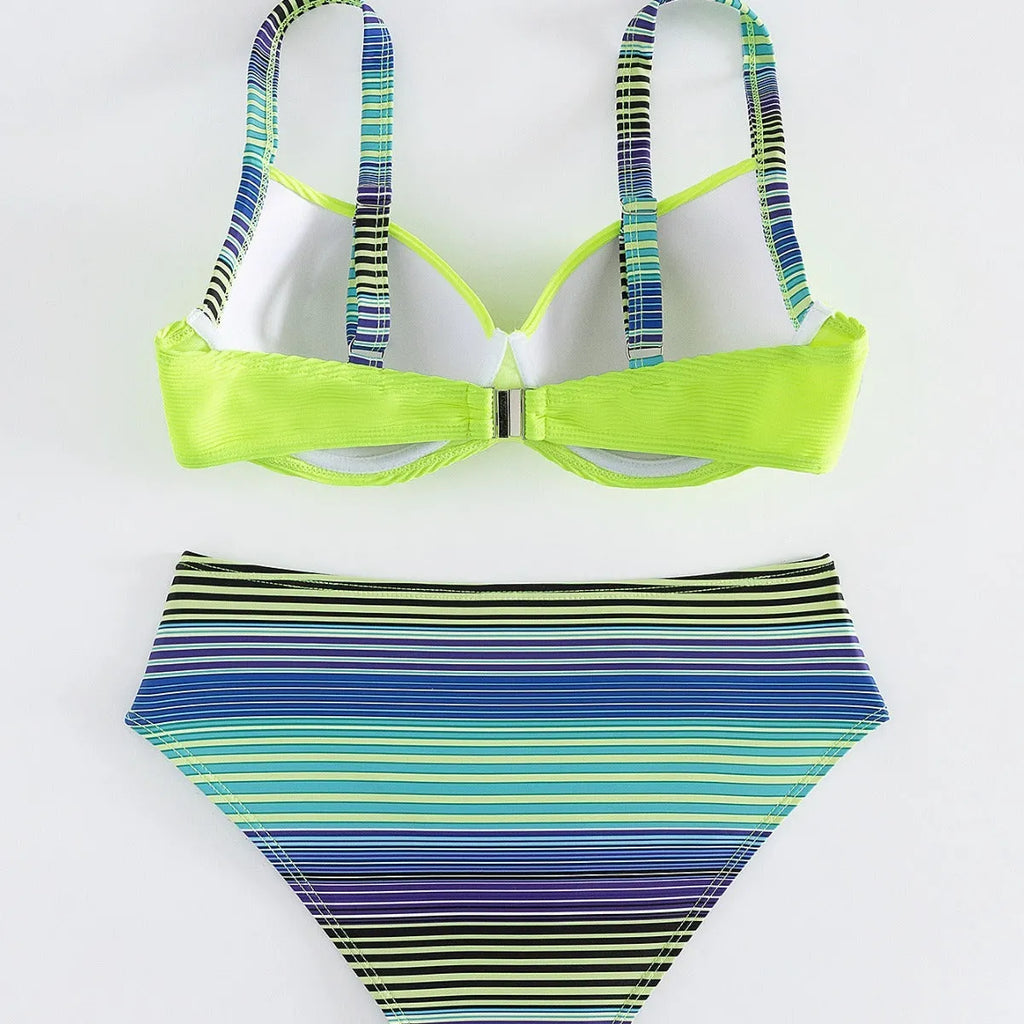 Green printed halter bikini set for women with split briefs
