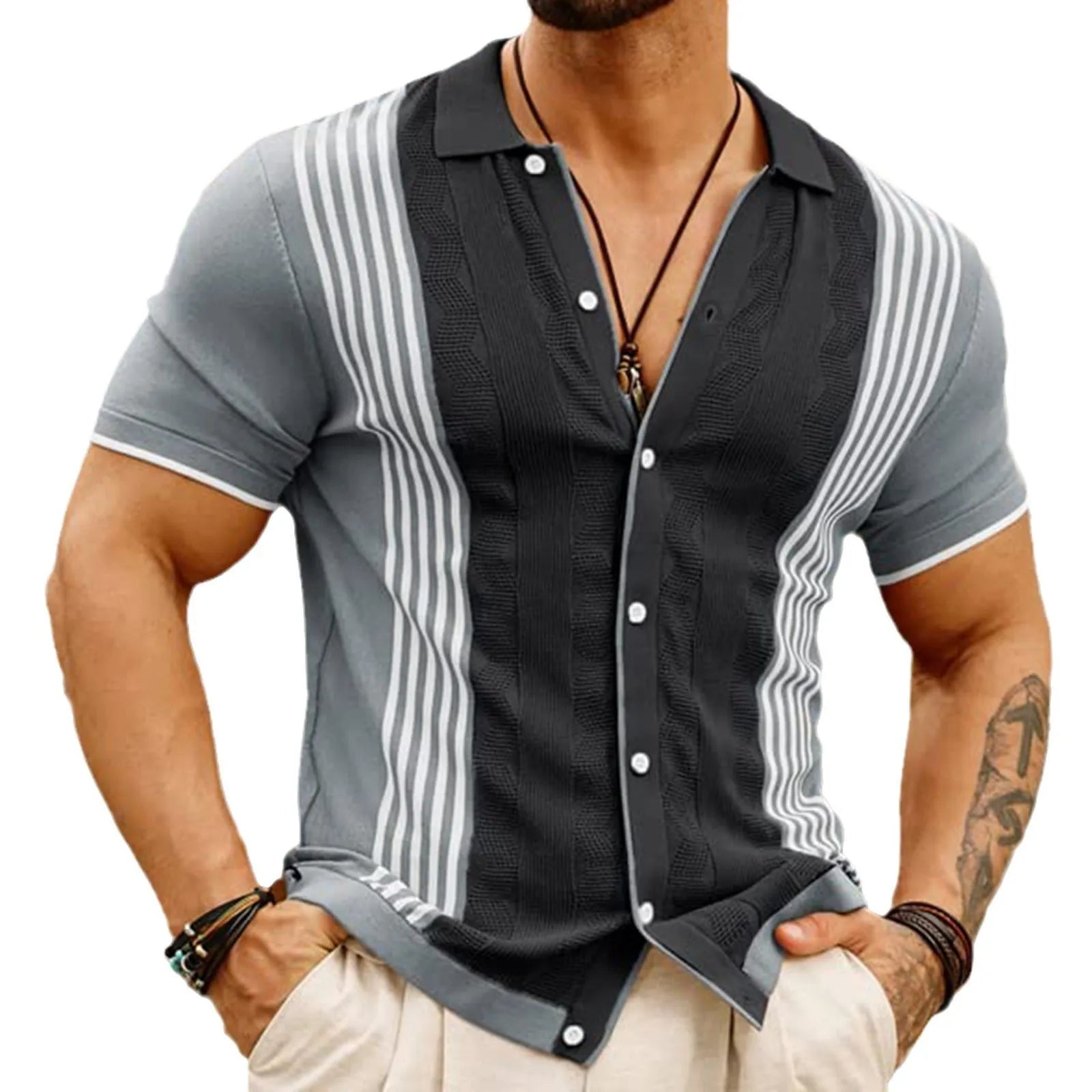 Men's Tencel woolen business polo shirt in black, short sleeves, casual style, size M to 3XL