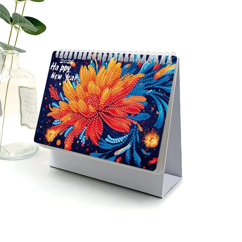 Handmade diamond painting desk calendar with stick-on crystals on white card, frameless modern simplicity design