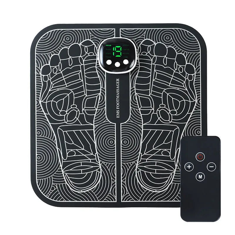 Blue rechargeable reflexology foot massager mat with USB charging cable and remote control