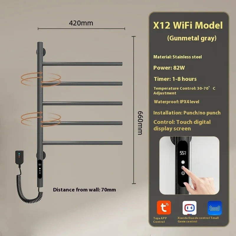 5-layer stainless steel electric towel rack in black with punch-free mounting and WiFi control