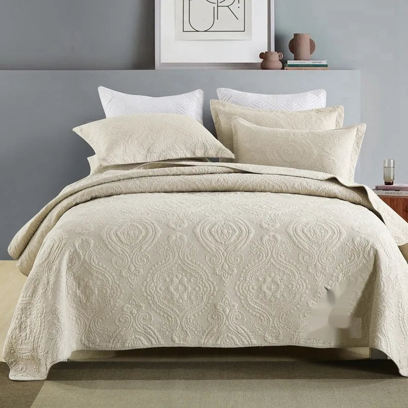 Pure cotton double-sided bed cover three-piece set with embroidery detail for standard bed sizes