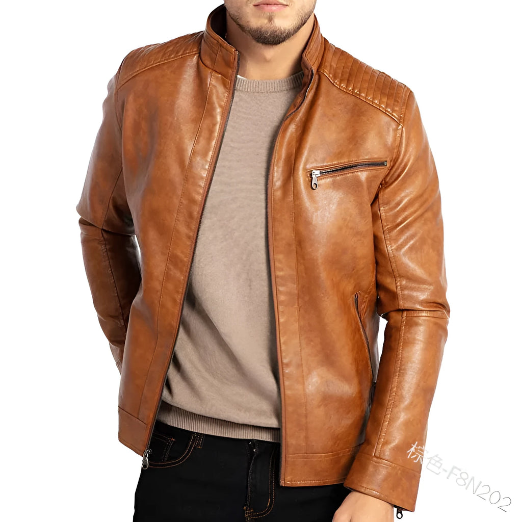 Men's brown punk-style artificial leather motorcycle jacket with a stand collar and patch pocket.