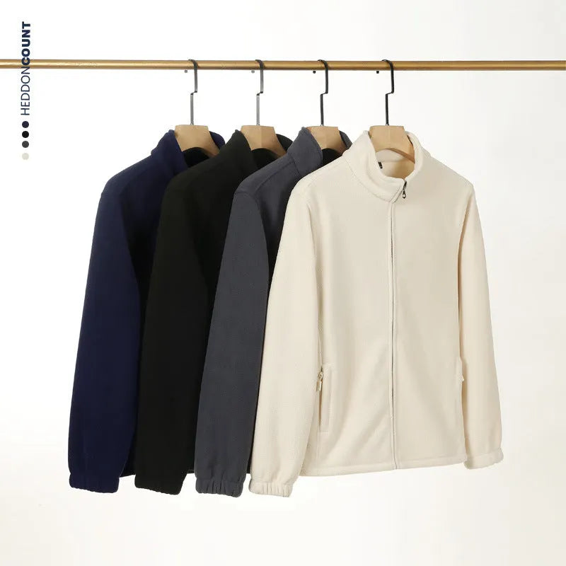 Men's double-sided fleece zip sweatshirt with stand-up collar in black, loose fit, M-4XL.