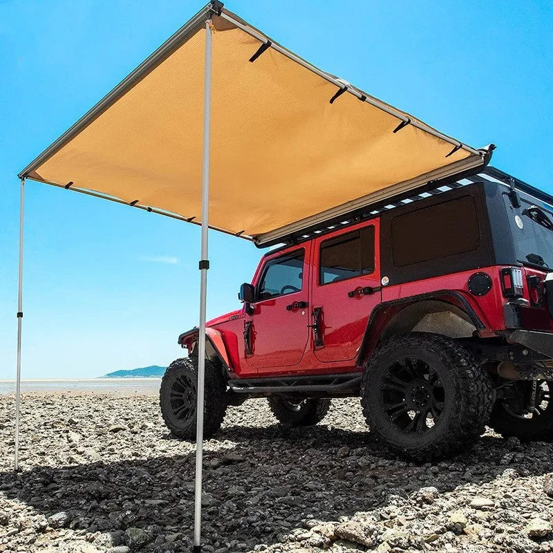 Black waterproof camping tent with aluminum alloy poles set up outdoors