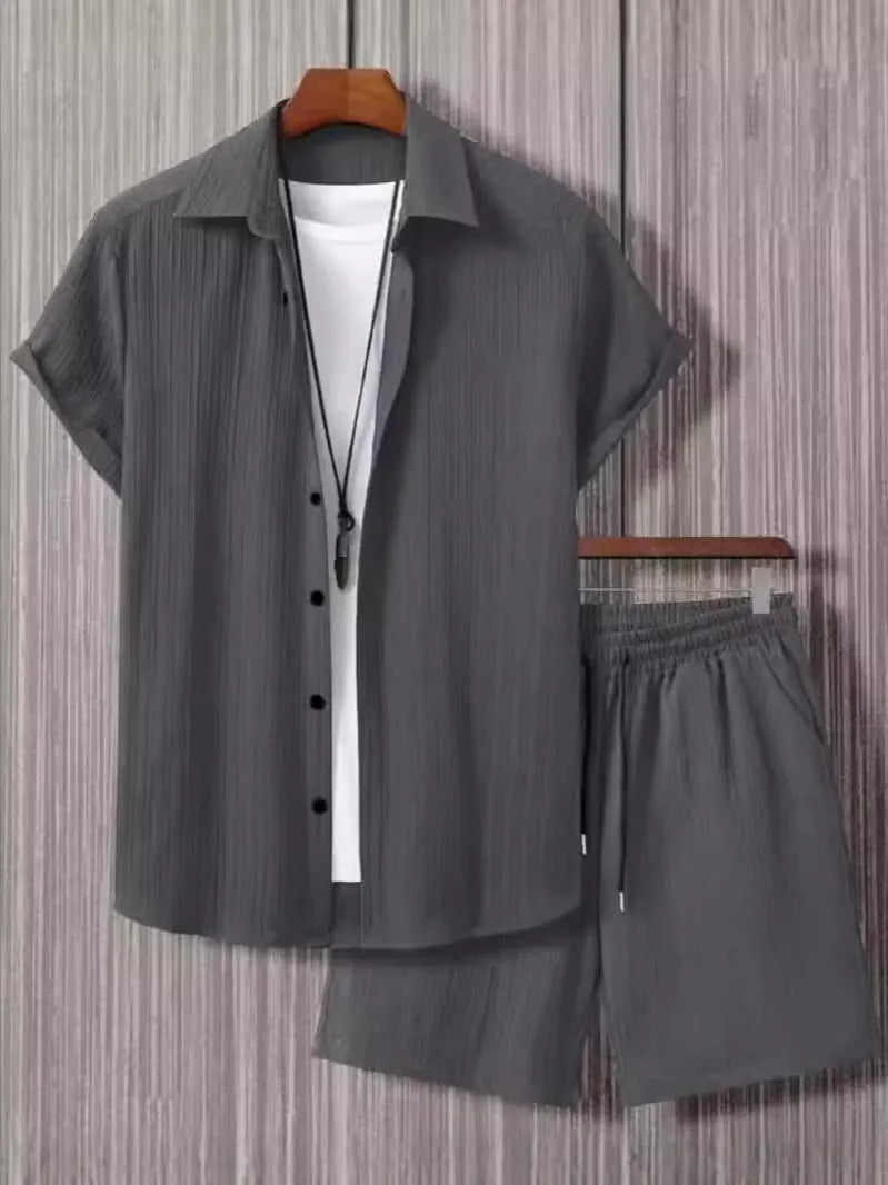 Men's black and white jacquard short sleeve suit set with matching shorts on hanger