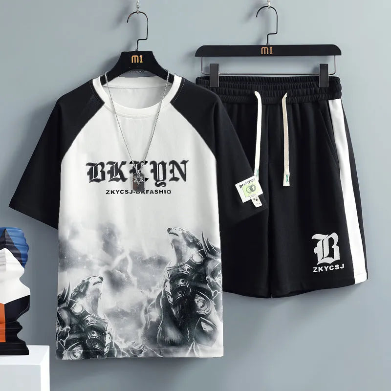 Men's summer sports casual tracksuit set polyester T-shirt and shorts in black