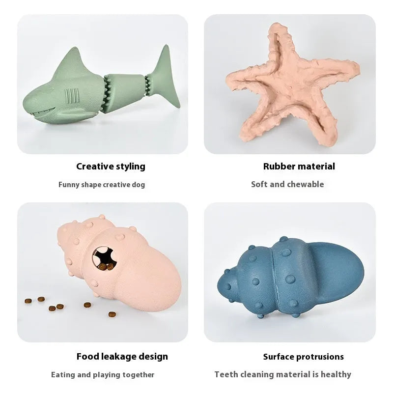 Blue rubber shark-shaped dog toy with a hidden food compartment for interactive chewing and feeding.