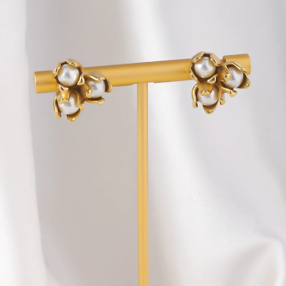 18K gold plated titanium steel flower earrings with sphere design for women