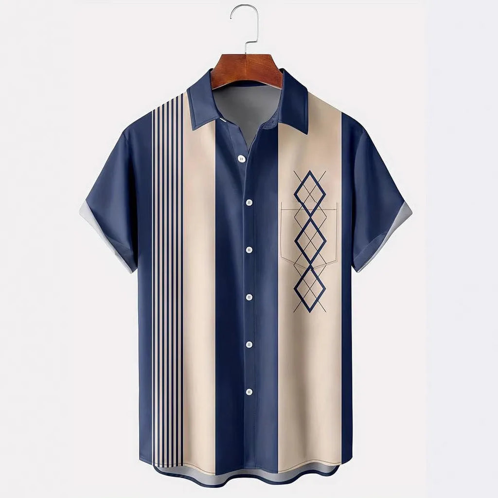 Men's loose fit plaid cardigan shirt with lapel collar and short sleeves in polyester elastic fabric