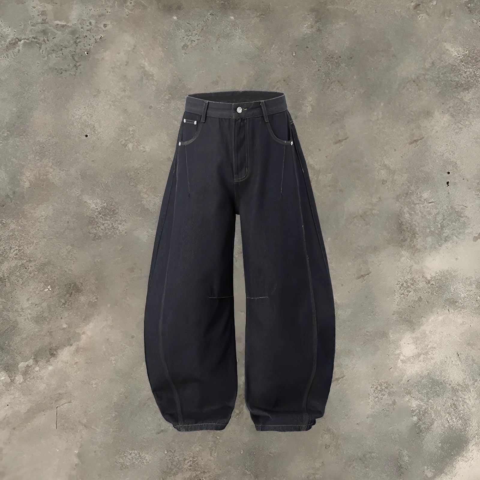 Men's original cow colour wide leg denim trousers laid flat, showing mid waist and straight leg cut.