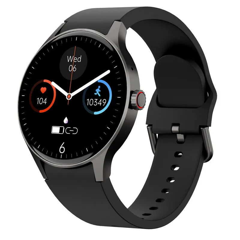 Black smartwatch with round 1.43 inch screen on a wrist, showing a fitness stats display.