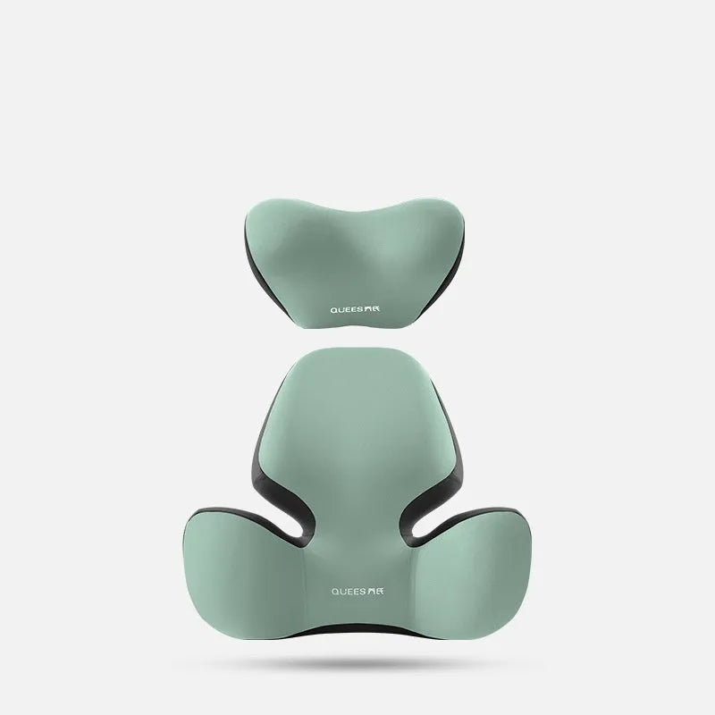 Black and grey memory foam lumbar support pillow and headrest on a car seat.