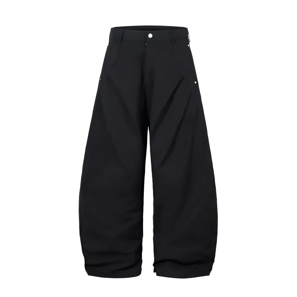 Men's black pleated wide-leg casual trousers made from cotton fabric