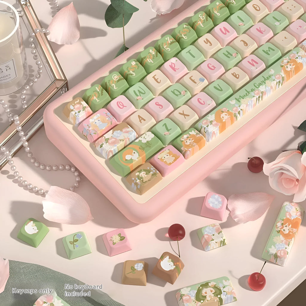 Full set of colourful Summer Garden themed ABS keycaps for mechanical keyboards, laid out on a table.