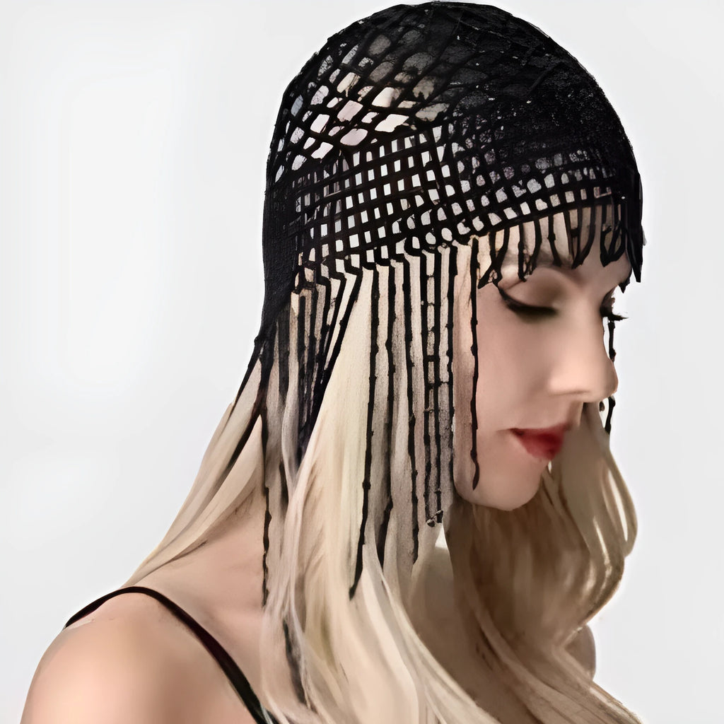Handmade alloy belly dance hat with decorative mesh and long tassels