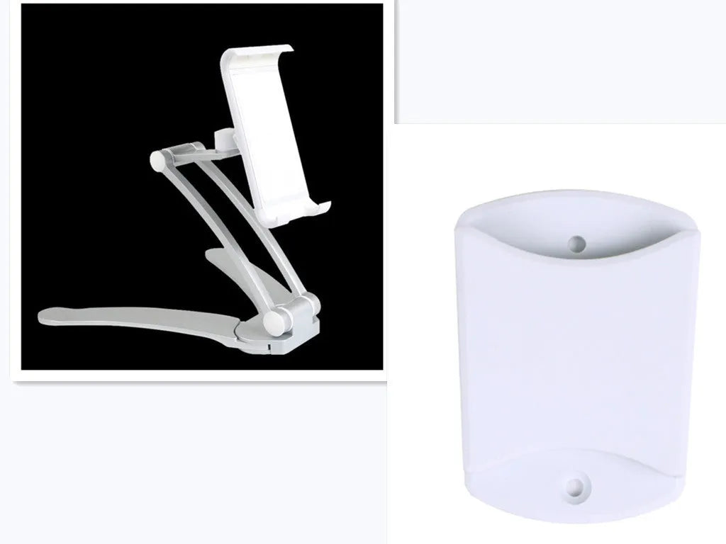 Silver aluminum alloy desktop stand holding a tablet at an angle, showing its adjustable clip and 360-degree rotation base.