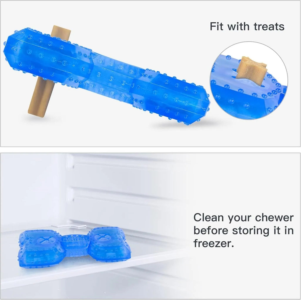 A freezable bone or circle-shaped dog chew toy, shown with treats, designed for cooling and teething relief.