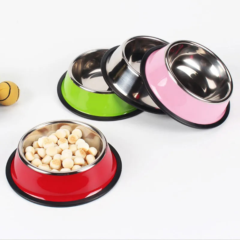 Stainless steel pet bowl with colourful melamine exterior and non-slip rubber base in multiple colour options