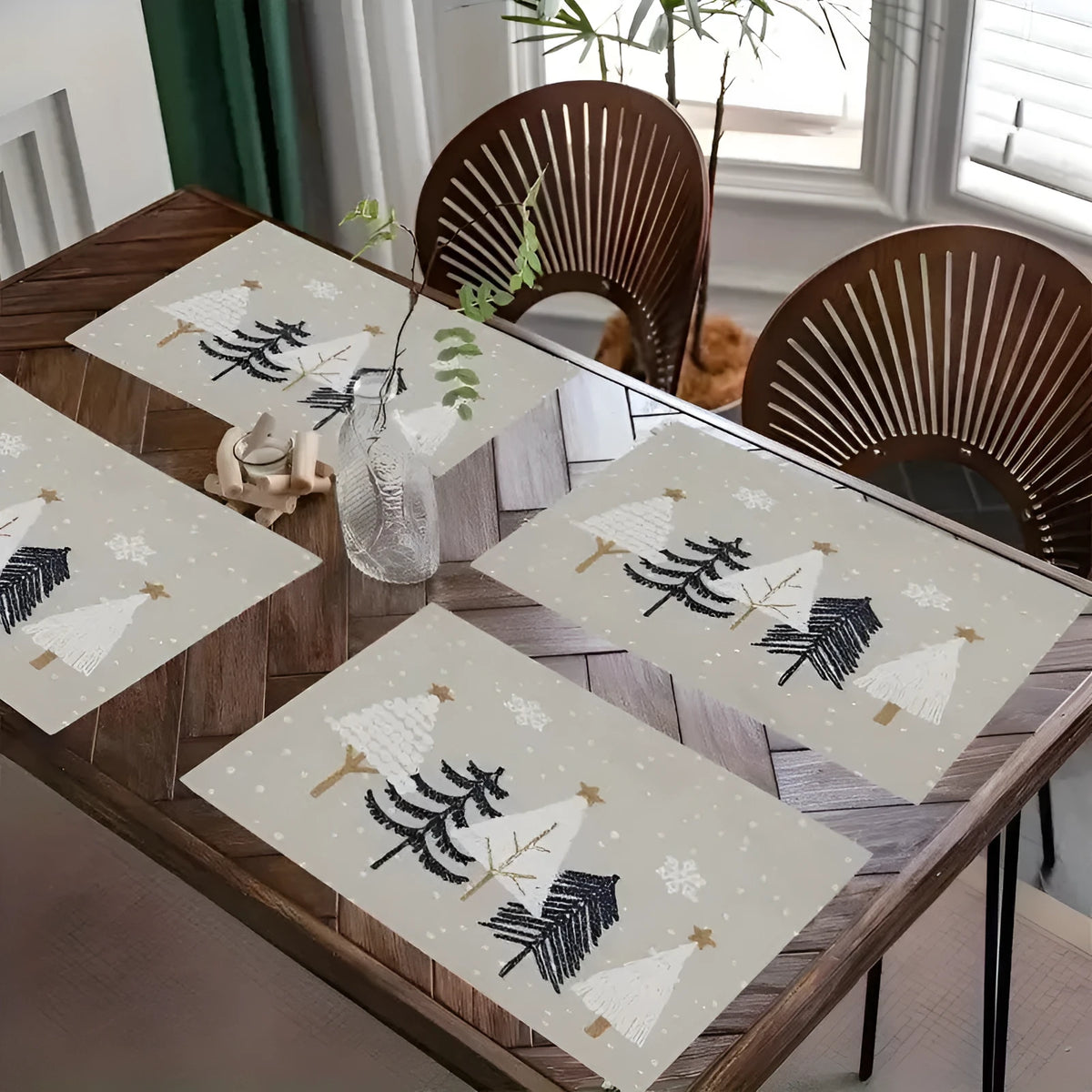 Christmas linen placemat with tree print in square shape 30x45cm on dining table