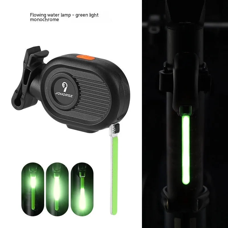 Bicycle tail light with colourful running water LED effect mounted on a bike seat post.