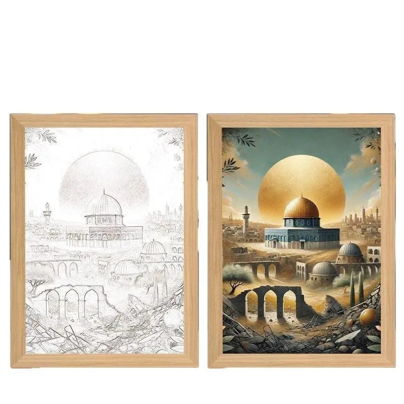 Rectangular LED digital picture frame displaying spiritual artwork with handmade construction