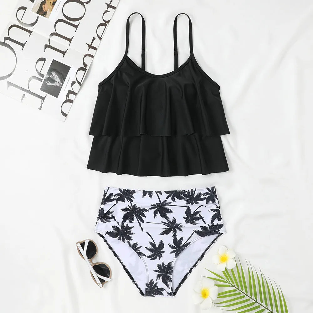 High-waisted double-layer swimsuit with black and coconut tree print patterns for women