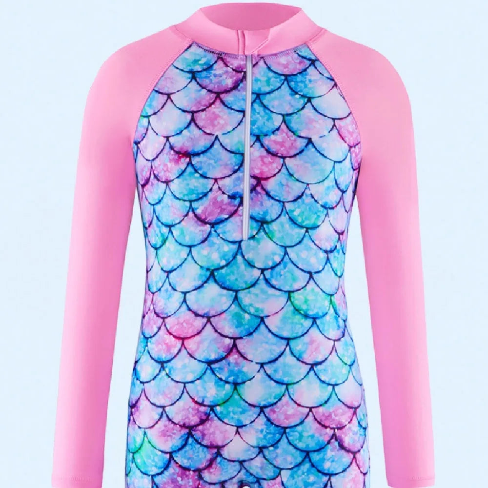 Girls' one-piece polyester swimsuit in blue, cyan, pink or purple, sizes 100cm to 150cm